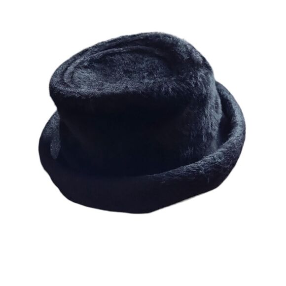 VINTAGE 50s Musketeer black furry flat top fedora‎ rolled brim bucket hat - Picture 1 of 8